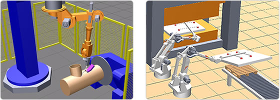 Simulation of a complex pipe welding application using a Kuka robot and of a press handling application using Kawasaki robots.