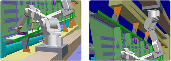 Two robots in a riviting applicaton for ship building