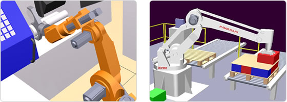 A robot in a machine loading application and a kawasaki robot in a paletising application