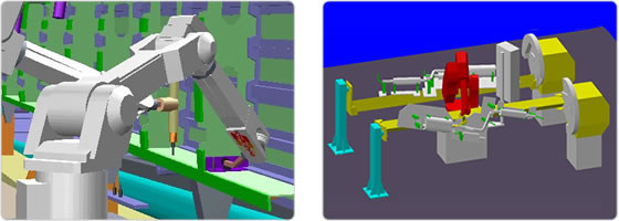 Two robots working in close proximity on a riviting application and a robot welding exhausts for cars.