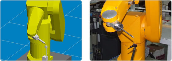 Calibration of a Staubli robot, the image shows the simulation and the actual robot.
