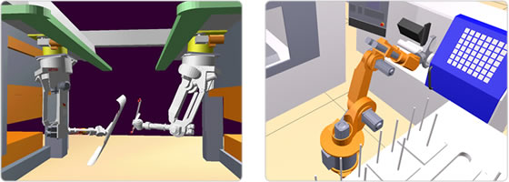 Simulations of press handling using Kawasaki robots and of machine loading using a Kuka robot