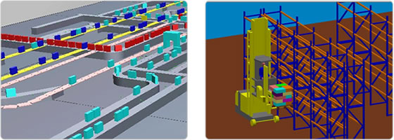 Simulation of a baggage handling system and of a warehouse racking system.
